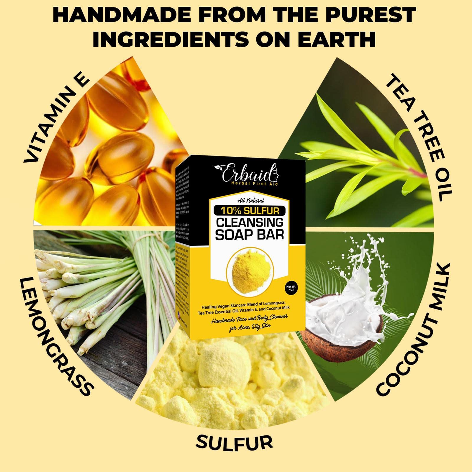 10% Sulfur Soap Cleansing Bar for Face & Body – All Natural Facial Cleanser for Acne, Oily Skin – Healing Skincare Blend of Lemongrass, Tea Tree Essential Oil, Vitamin E, Coconut Milk – Made in USA